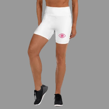 Pretty Eyes microfiber gym shorts with pink logo eye design on leg, high waistband