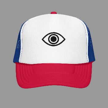 Trucker hat with a black eye symbol on a white background