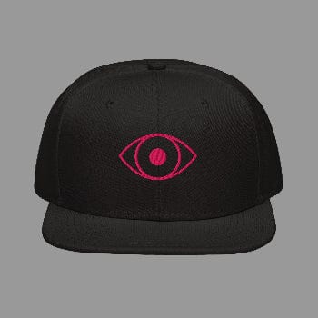 Black cap with a pink eye symbol on a white background
