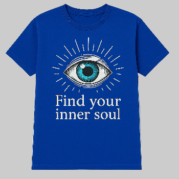 Blue t-shirt with an eye graphic and text 'Find your inner soul' on a white background