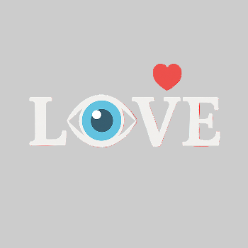 The word 'LOVE' with an eye and a heart on a green background