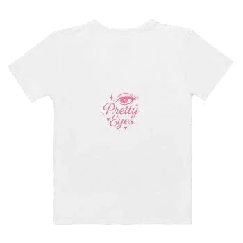 Pretty Eyes – White Stretch Crew Tee. Stylized Eye Design™ (Centered Pink Logo) - Arissai