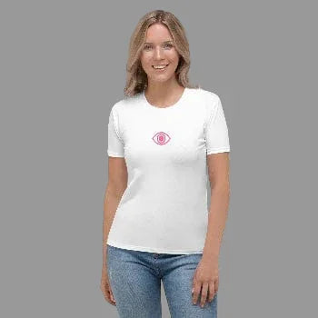 Pretty Eyes – White Stretch Crew Tee. Stylized Eye Design™ (Centered Pink Logo) - Arissai
