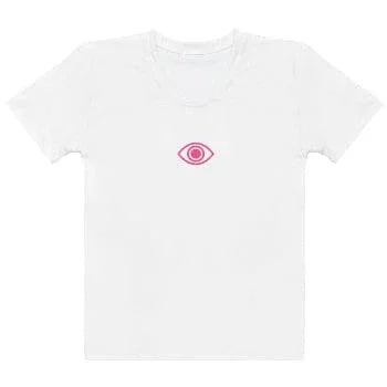 Pretty Eyes – White Stretch Crew Tee. Stylized Eye Design™ (Centered Pink Logo) - Arissai