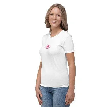 Pretty Eyes – White Stretch Crew Tee. Stylized Eye Design™ (Centered Pink Logo) - Arissai