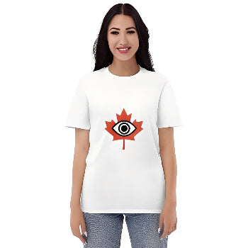 Woman wearing a white t-shirt with a red and black design on a white background