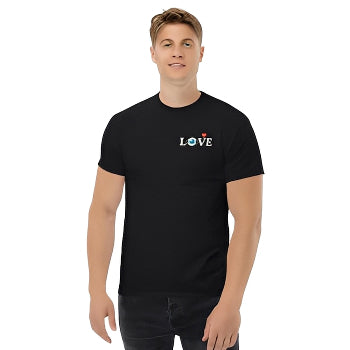 Man wearing a black t-shirt with 'LOVE' printed on it against a white background