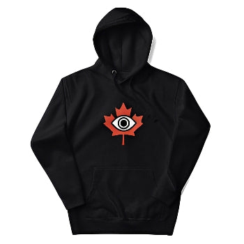 Black hoodie with a red maple leaf and white eye design on a white background