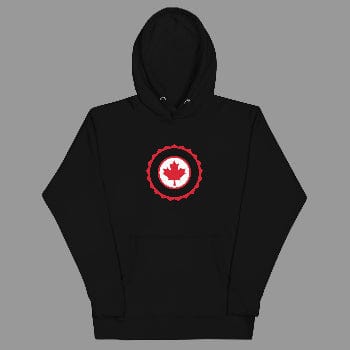 Black hoodie with a red and white emblem on a white background Canada Maple Leaf