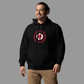 Man wearing a black hoodie with a red and white logo on a white background