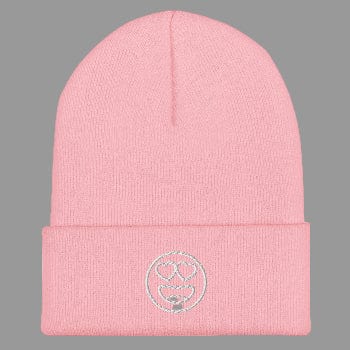 Pink beanie with a white logo on a white background