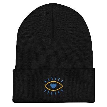Black beanie with an embroidered design on a white background