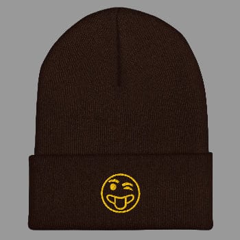 Brown beanie with a yellow smiley face emblem on a white background