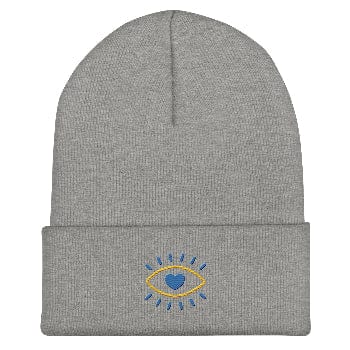 Gray beanie with a blue embroidered eye design on a white background