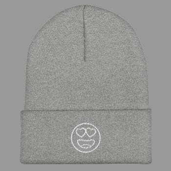 Gray beanie with a white smiley face design on a white background