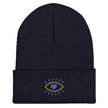 Black beanie with a blue embroidered design on a white background