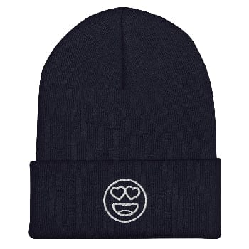 Black beanie with a white emoji design on a white background