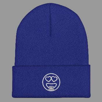 Blue beanie with a white smiley face design on a white background