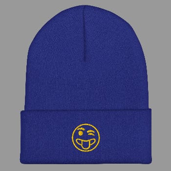 Blue beanie with a yellow smiley face emblem on a white background