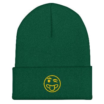 Green beanie with a yellow smiley face logo on a white background