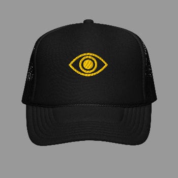 Black trucker cap with a yellow eye symbol on a white background