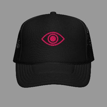 Black trucker cap with a pink eye symbol on a white background