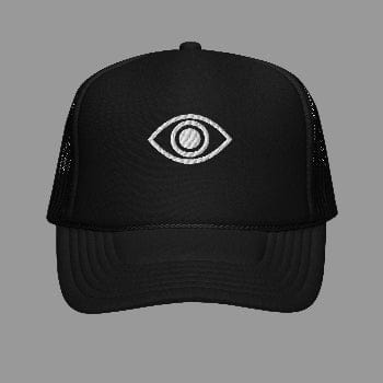 Black trucker cap with a white eye design on a white background