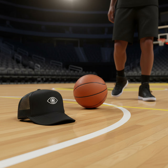 Arissai foam trucker hat with white embroidered eye design on front panel
