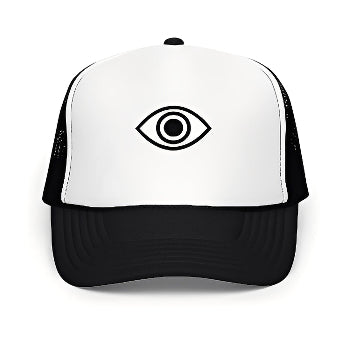 Black and white trucker cap with an eye symbol on a white background