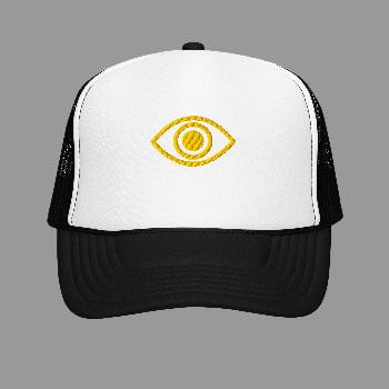 White and black trucker cap with yellow eye design on a white background