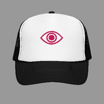 Trucker hat with a pink eye symbol on a white background