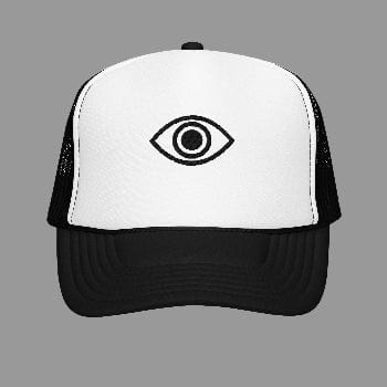 Black and white trucker cap with an eye symbol on a white background
