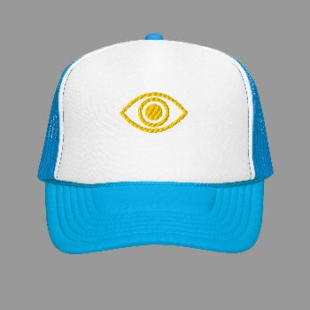 Blue and white cap with a yellow eye emblem on a white background