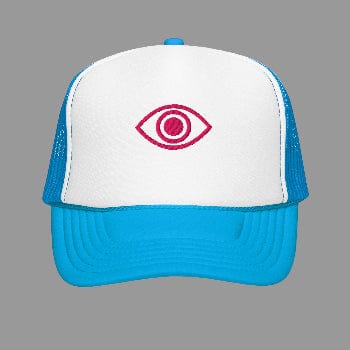 Blue and white cap with a pink eye symbol on a white background