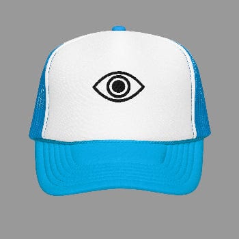 Blue and white cap with an eye symbol on a white background