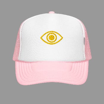 Pink and white trucker cap with yellow eye design on a white background