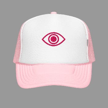 Pink and white trucker hat with a pink eye symbol on a white background