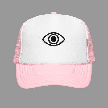 Pink and white trucker cap with an eye symbol on a white background
