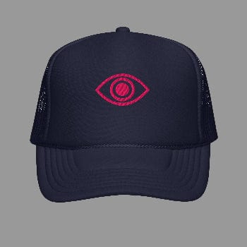 Navy blue cap with a red eye symbol on a white background