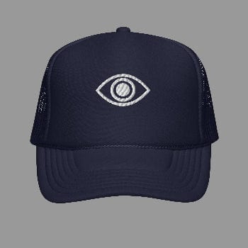 Navy blue trucker cap with an embroidered eye design on a white background