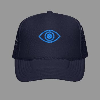 Navy blue trucker cap with a blue eye logo on a white background