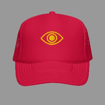 Red cap with yellow eye logo on a white background
