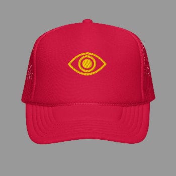Red cap with yellow eye logo on a white background