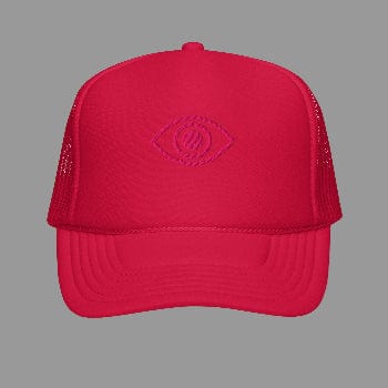 Red trucker cap with a logo on a white background