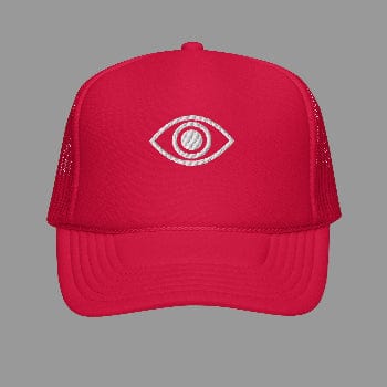 Red cap with a white eye emblem on a white background
