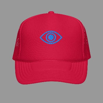 Red cap with a blue eye logo on a white background