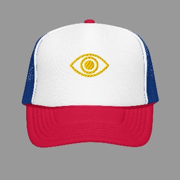 Trucker hat with a yellow eye logo on a white background