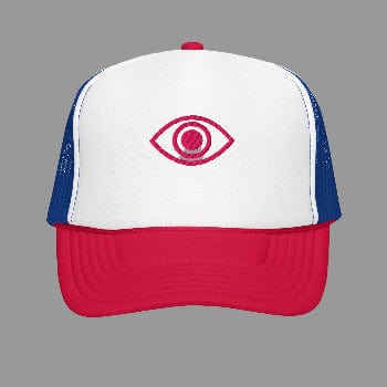 Trucker hat with a pink eye logo on a white background