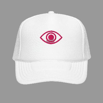 White cap with a pink eye symbol on a white background