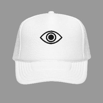 White trucker cap with a black eye symbol on a white background